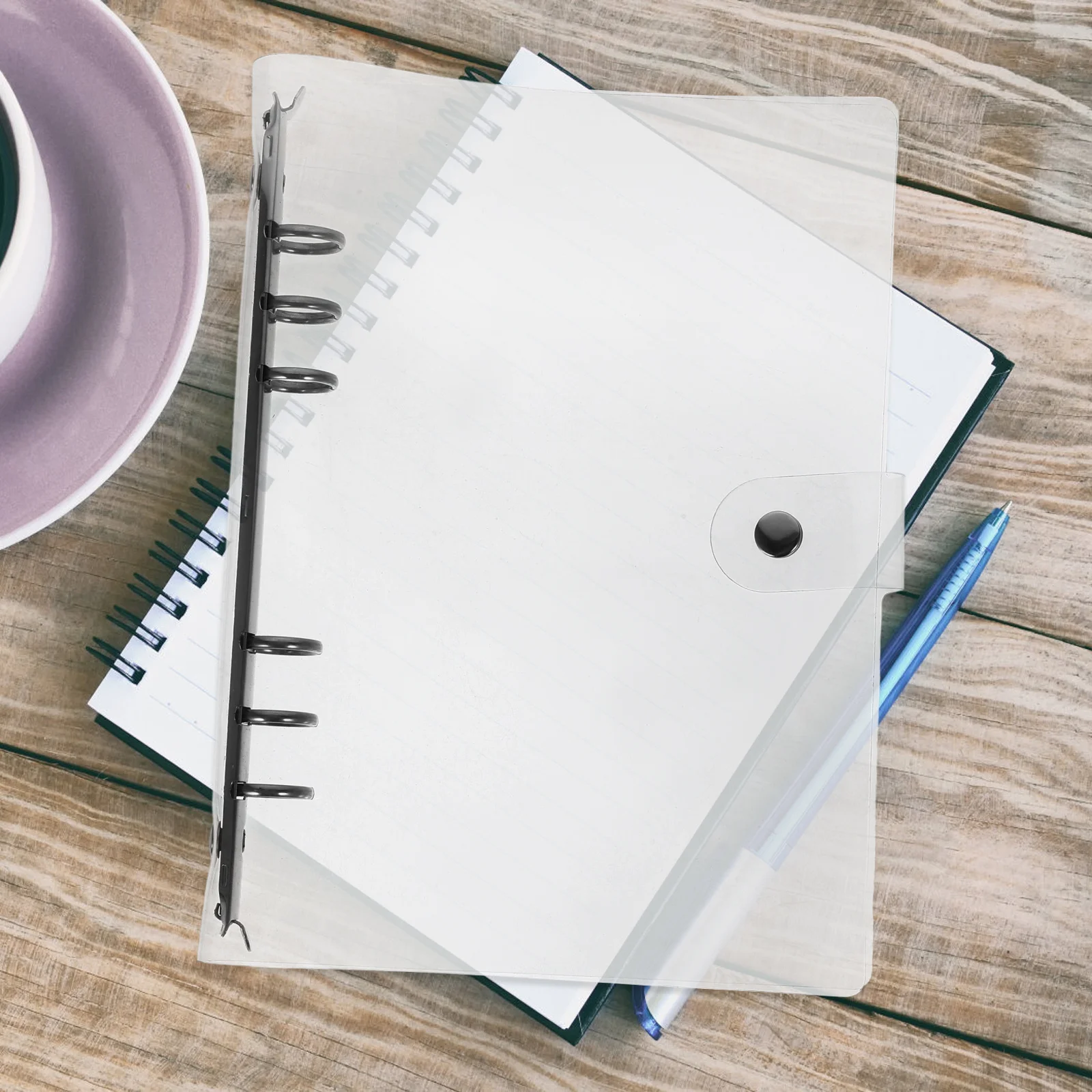 1 set raccoglitore a fogli mobili con guscio in PVC trasparente, copertina per notebook, anello regolabile, chiusura della cintura per documenti scolastici e uffici