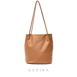 CEZIRA Brand Washed PU Vegan Leather Bucket Shoulder Bag For Women Simple Design Casual Daily Handbag Female Soft Shopper Purse