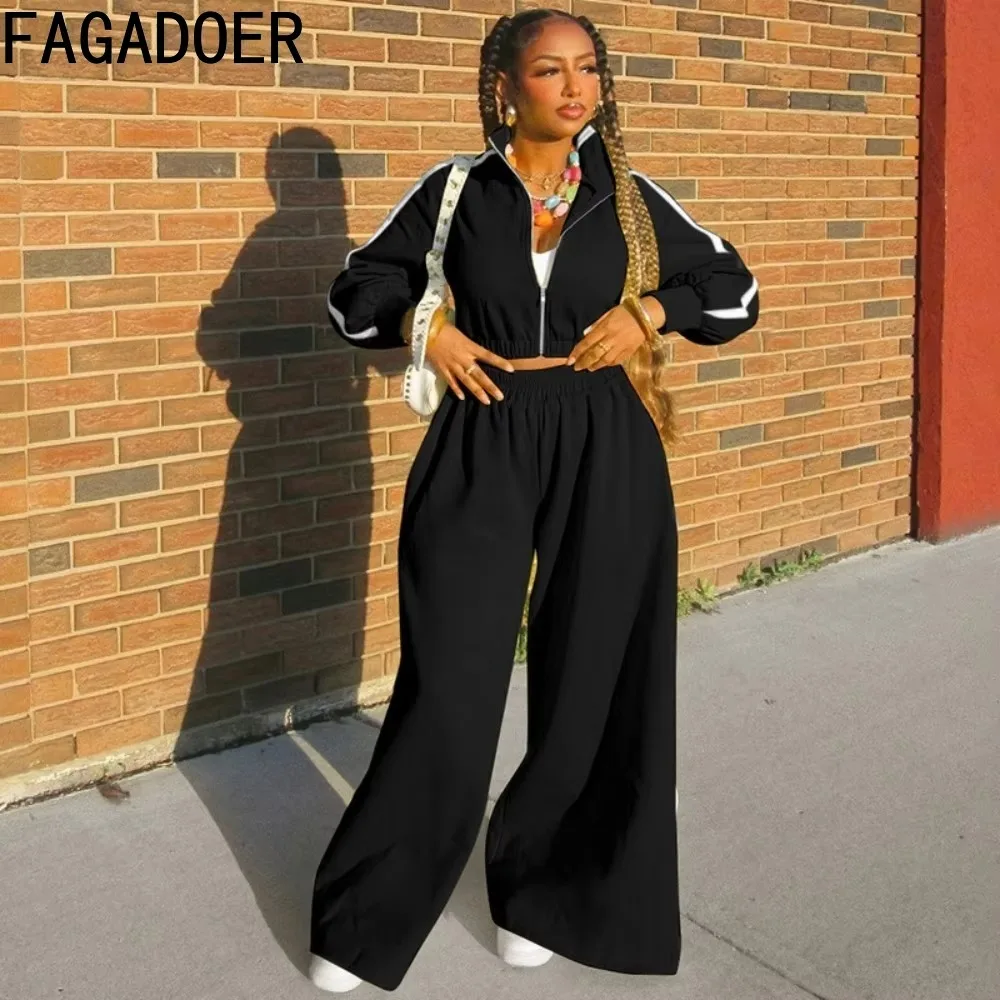 FAGADOER Mode 2-teiliges Set Frauen Outfit Reißverschluss Langarm Sweatshirts Crop Top + Baggy Hosen Jogger Anzüge Weibliche Streetwear