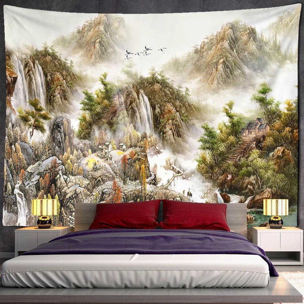 Mountain And Water Background Mural Tapestry Wall Hanging Psychedelic Hippie Tv Background Wall Home Decor