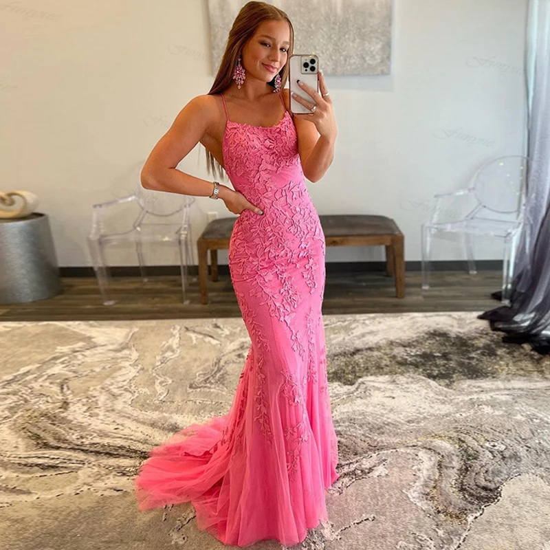 

Hot Pink Mermaid Prom Dresses Long Appliques Lace Evening Dresses 2023 Backless Sexy Formal Party Gowns Vestido De Formatura