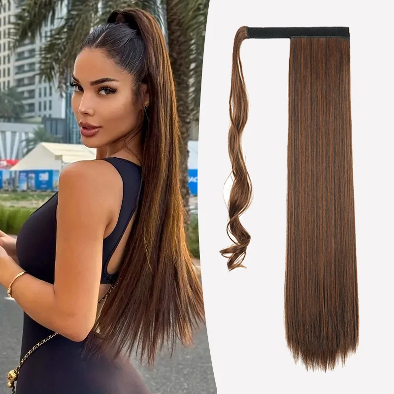 مشبك شعر صناعي طويل مستقيم على شكل ذيل حصان بطول 60.96 سم، وصلة شعر مقاومة للحرارة، ملفوفة حول قطعة شعر المهر للنساء #4