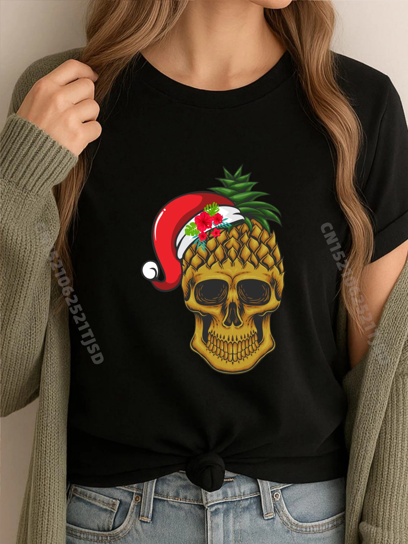 

Ананасовый череп Санта-Клауса, Гавайский Санта-Клаус, рождественские футболки с рисунком, мужская футболка с принтом