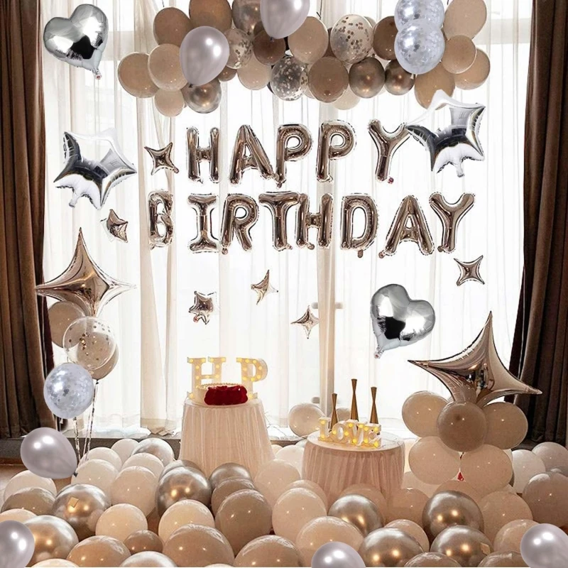 27Pcs Silver Happy Birthday Decorations Foil Happy Birthday Balloons Banner Heart Star Balloons For Baby Shower Party Supplies