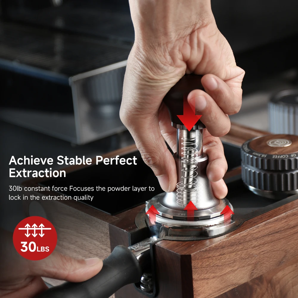 zeroHero 58mm Espresso Tamper,30lb Constant Calibrated Tamper for Even Brew | Stainless Steel Body, Flat Base, Wood Handle, Self