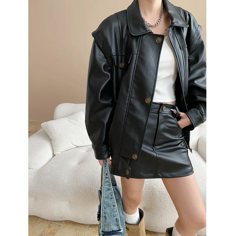 秋のヴィンテージ Pu レザージャケット女性ルーズターンダウン襟長袖カジュアルショートコート