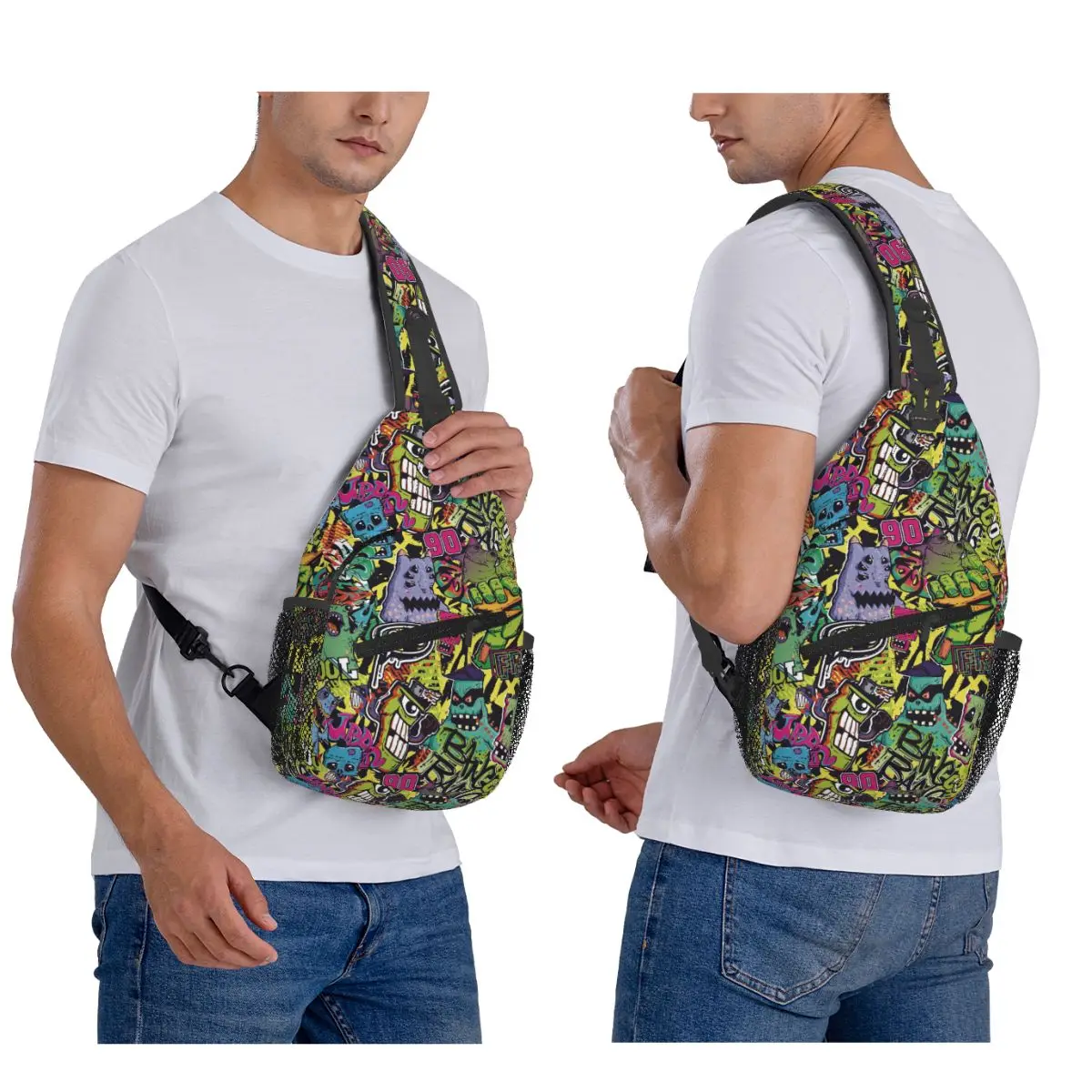 Comics Pattern With Palm Tree Graffiti Art Chest Bag Men Sling Crossbody Backpack Chest Bag Travel Hiking Daypack Shoulder Bag
