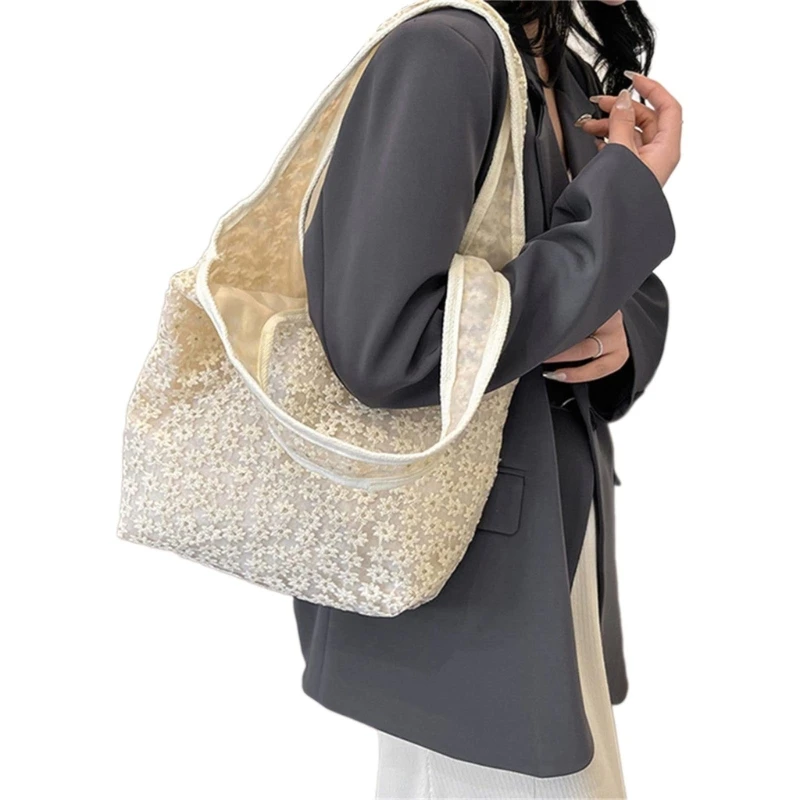 Bolso hombro malla flores estéticas bolso axila lona Simple estilo coreano