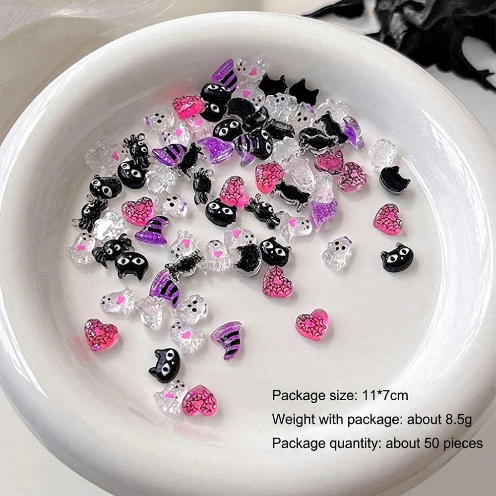 50 Stück/Beutel Niedliche Eis-transparente Geisterherz-Hut-Nagelsteine 3D Halloween Schwarze Katze Krabben-Nagelanhänger Harz-Flatback-Nageldekorationen – Detail 9