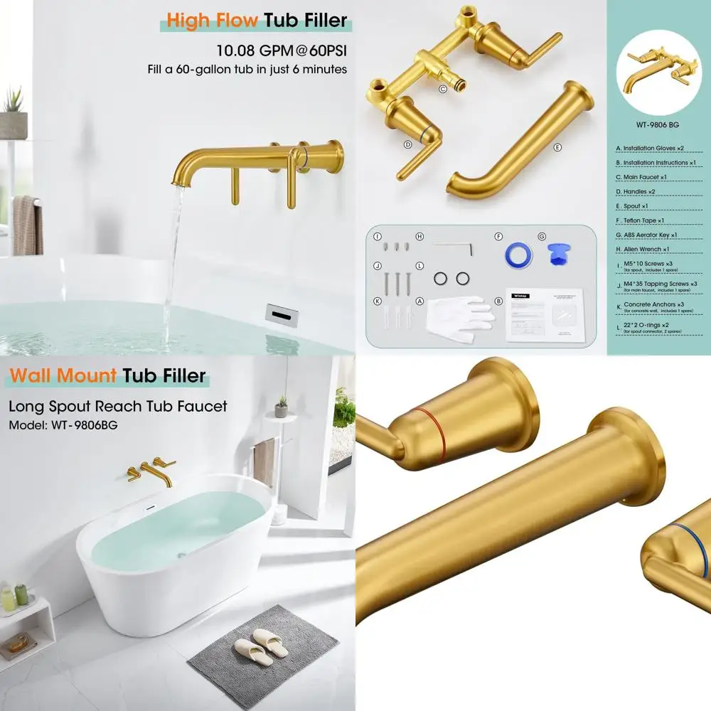 

High Flow 2-Handle Roman Tub Filler with Long Spout and Wall Mount Brass Faucet Set in Brushed Gold