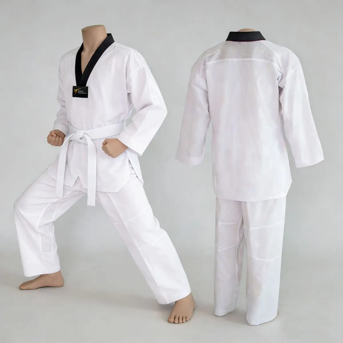 Taekwondo Uniform Breathable Mesh Armpit Black V-Neck TKD Uniforms for Kids Adults Dobok Poly/Cotton White Belt Included