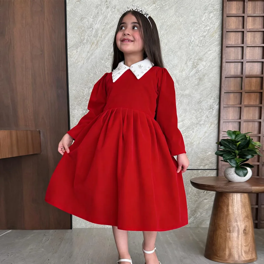 

Red Flower Girl Dresses Velour Dress For Girls A-line Birthday Dress Beads Girl Princess Dress Long Sleeves Cute Kids' Dresses
