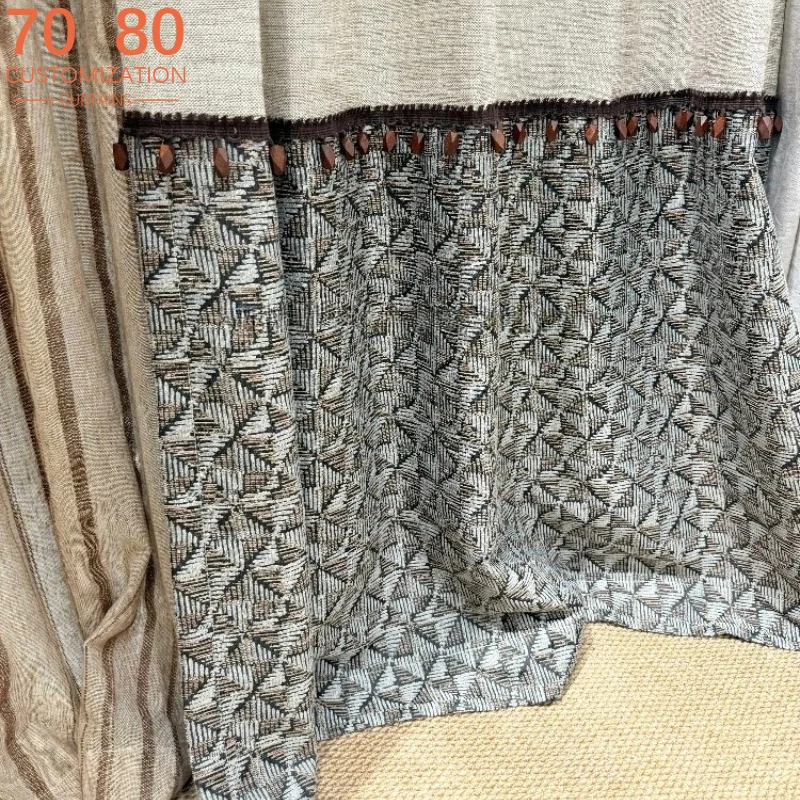 New Log Color Jacquard Thickened Linen Patched Blackout Curtains for Bedroom Living Room French Window Partition Curtain