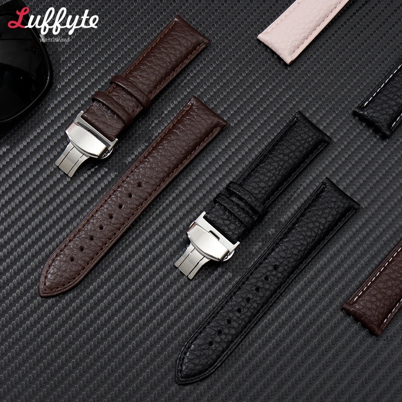 Litchi Grain Genuine Leather Watchband 18mm 20mm 22mm with Stainless Steel Butterfly Buckle Men Women Casual Watch Straps