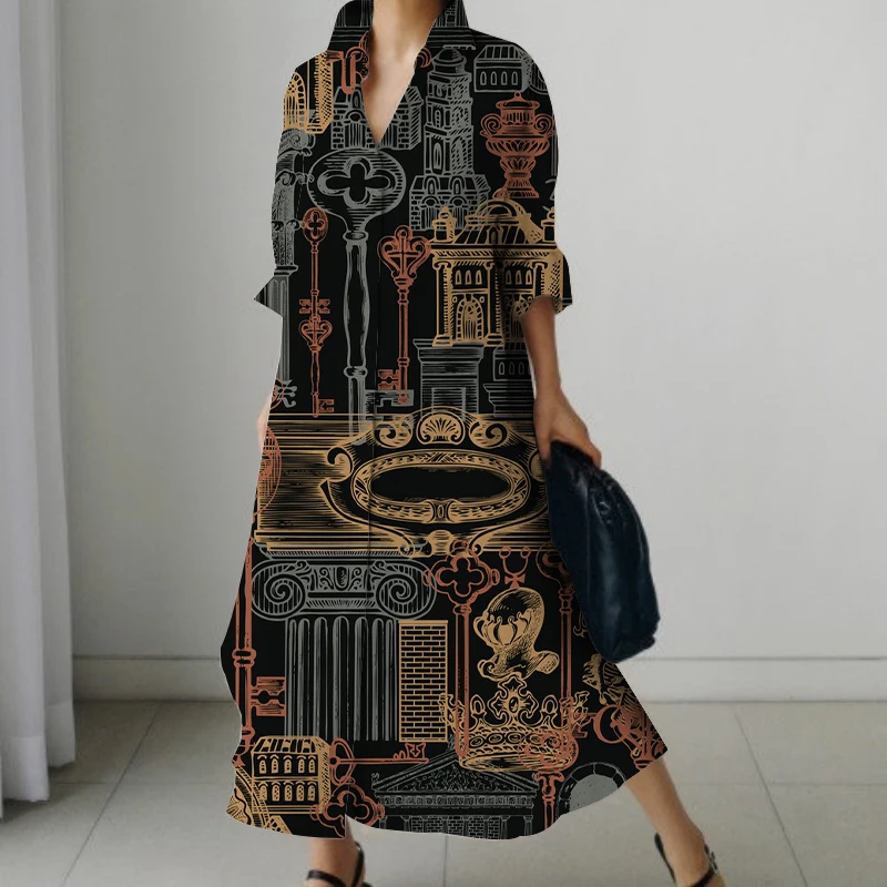 Dresses Autumn Women\'s Long Ancient Egyptian Printed Shirt Dress Pocket Loose Plus Size Korean Fashion Printed French Vintage