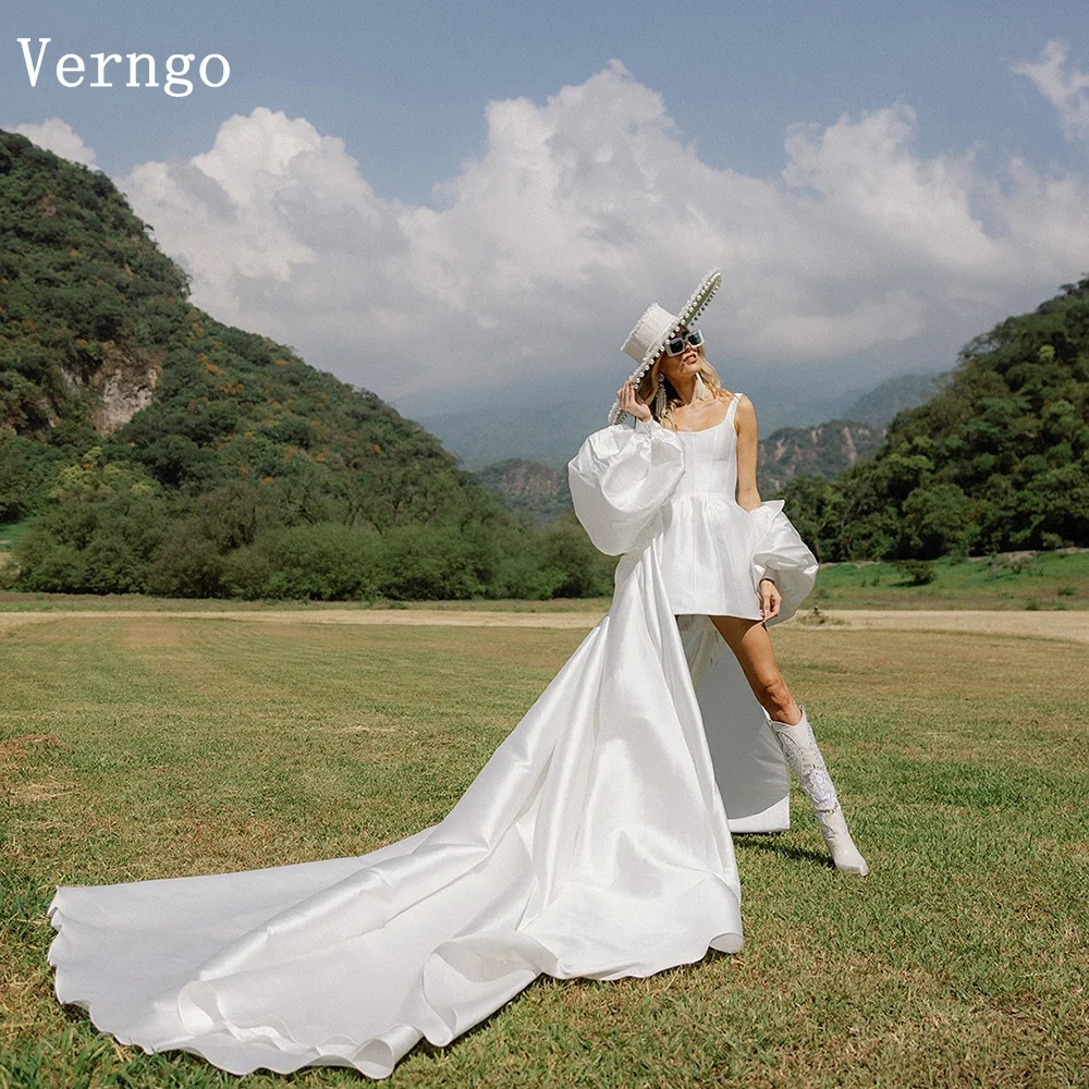 Verngo lvory Satin Mini Wedding Dress Spaghetti Straps A Line Simple Bridal Gowns 2 pics Classy Bride Dresses vestidos de novia