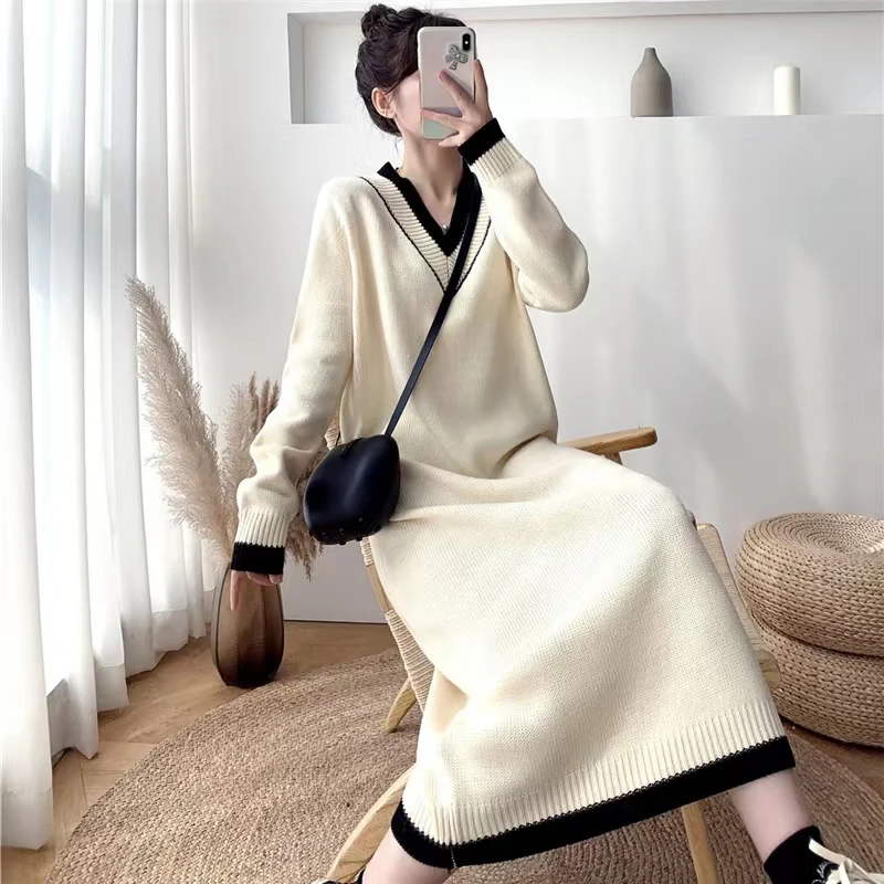 

Fashion Long Sweater Dress Autumn Winter Retro V-neck Knitted Dress For Women's Clothing bd517