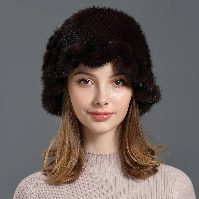 Mink Fur Hat Children's Winter Warmth Woven Fur Hat Wooden Ear Brimmed Mink Skin Rose Hat