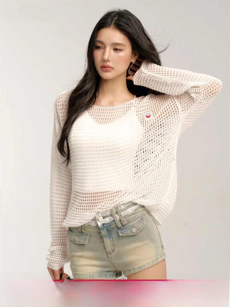 

Chill Zoe 2026 Весна-Лето: Ажурный вязаный топ свободного кроя для девушек, сексуальный, универсальный, повседневный, с длинным рукавом и круглым вырезом