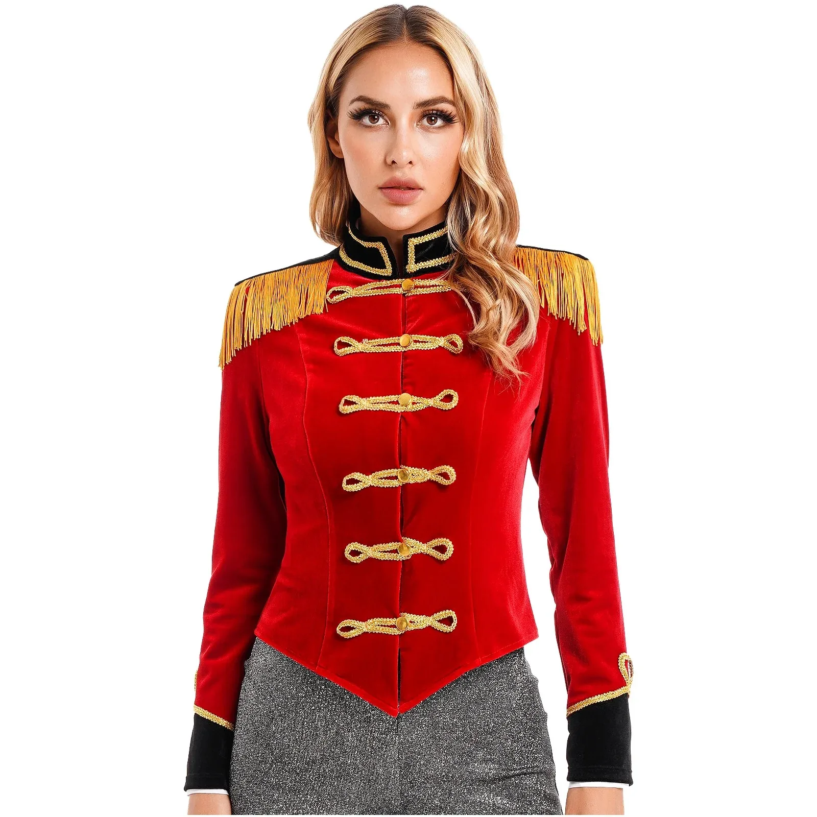 Women Circus Ringmaster Jacket Halloween Carnival Party Cosplay Performance Costume Long Sleeve Stand Collar Fringed Velvet Coat