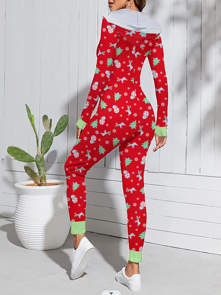 Women s Christmas Pajamas Romper Cute Print Long Sleeve Zip Up Hooded Jumpsuit Sleepwear