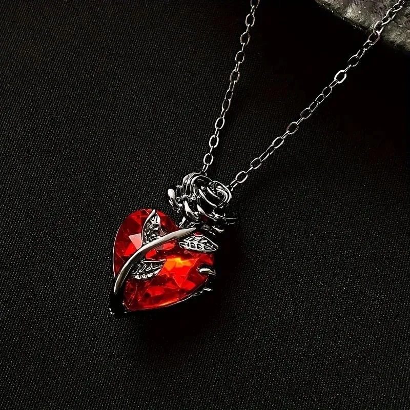 Luxus Roten Kristall Herz Anhänger Halskette Für Frauen Vintage Schwarze Rose Blume Dekor Elegante Mode Schmuck Geschenk – Detail 2