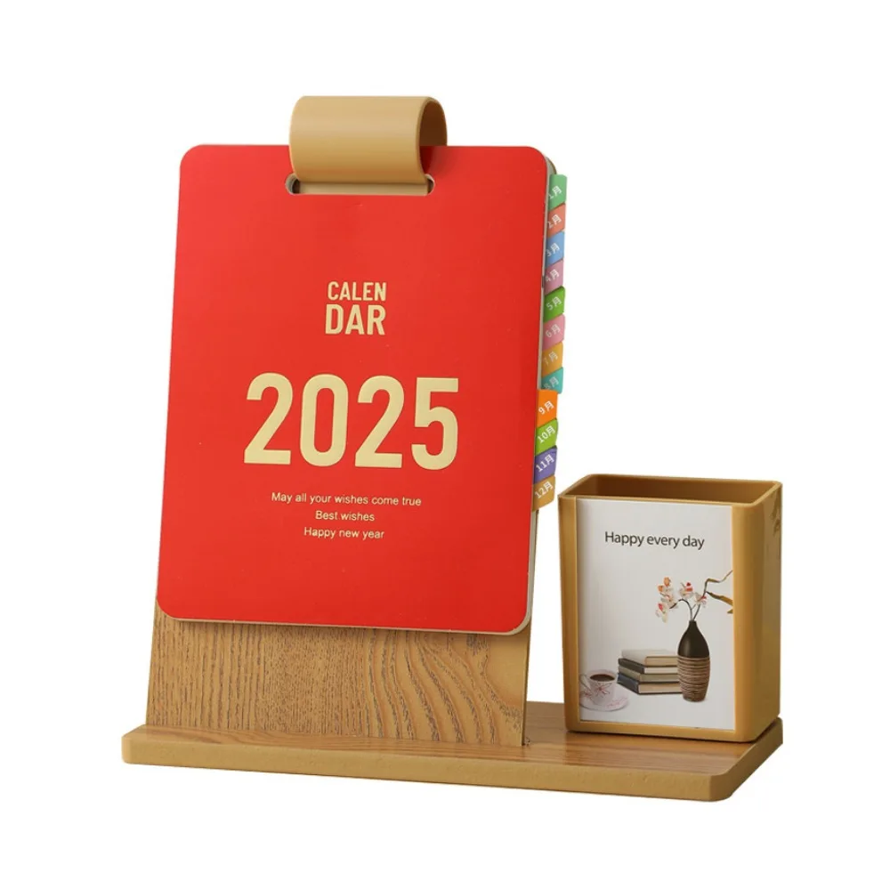 

Настольный календарь 2025 из дерева с держателем для ручек, сменными листами и застежкой, высококачественный декоративный календарь-органайзер
