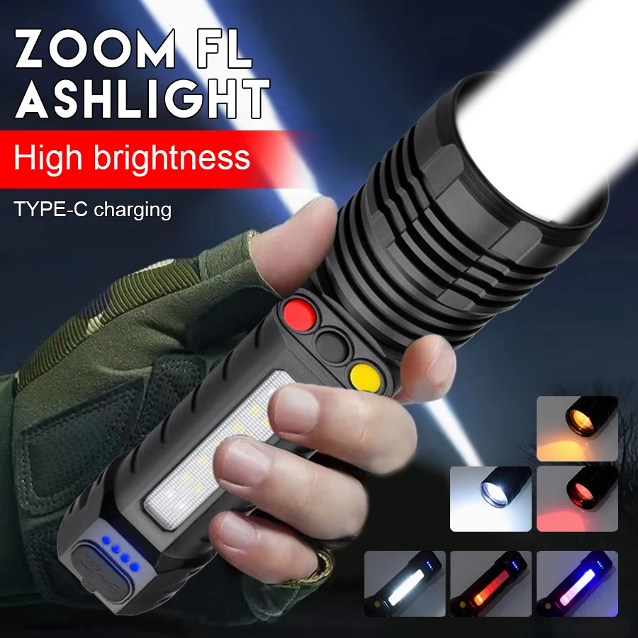 Powerful LED Flashlight USB Rechargeable Zoom Portable Torch Outdoor Waterproof Camping Fishing Emergency Lanterns Flashlights