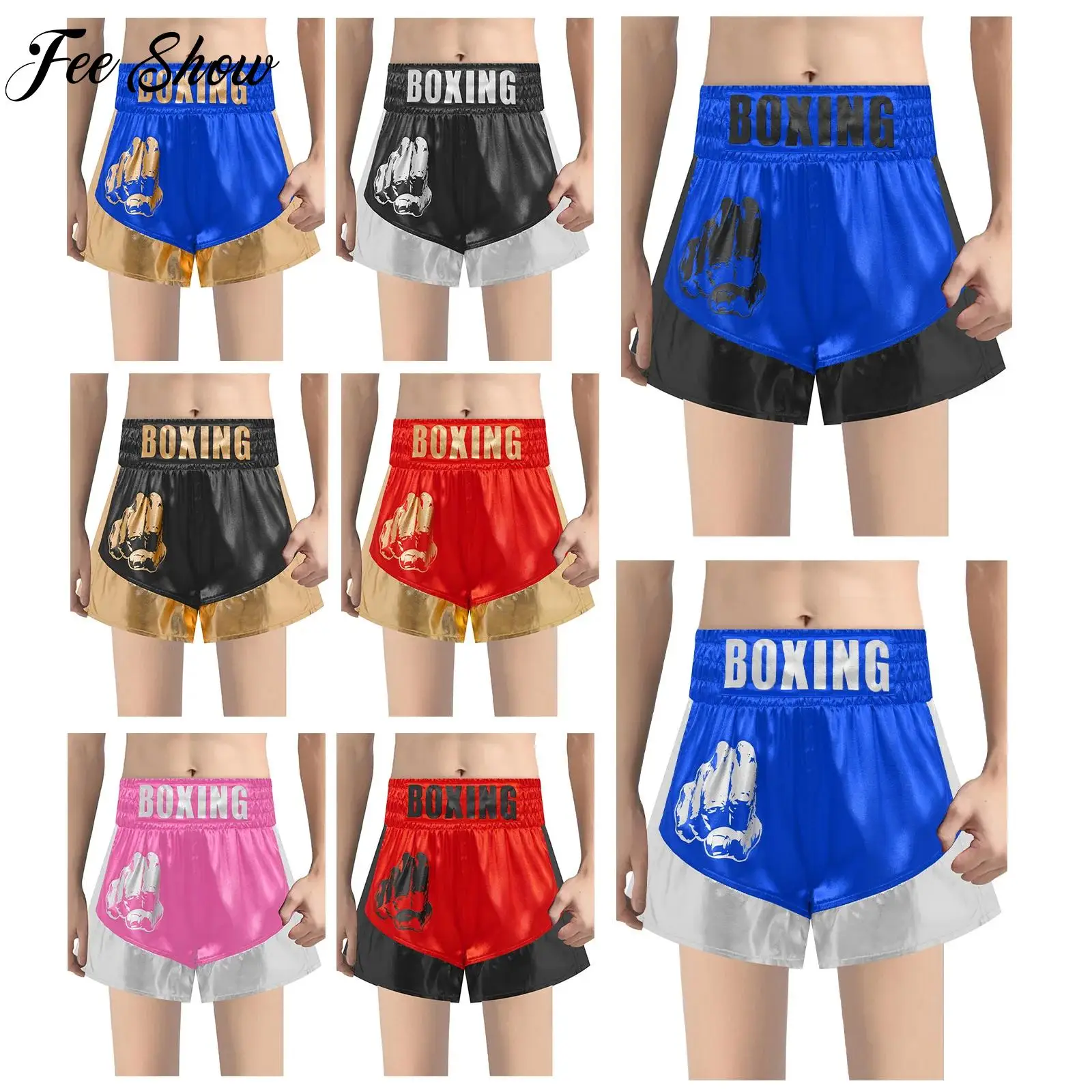 

Kids Boys Muay Thai Shorts Metallic Satin Boxing Shorts Sides Slit Boxer Training Trunks Kickboxing Training Martial Arts Shorts