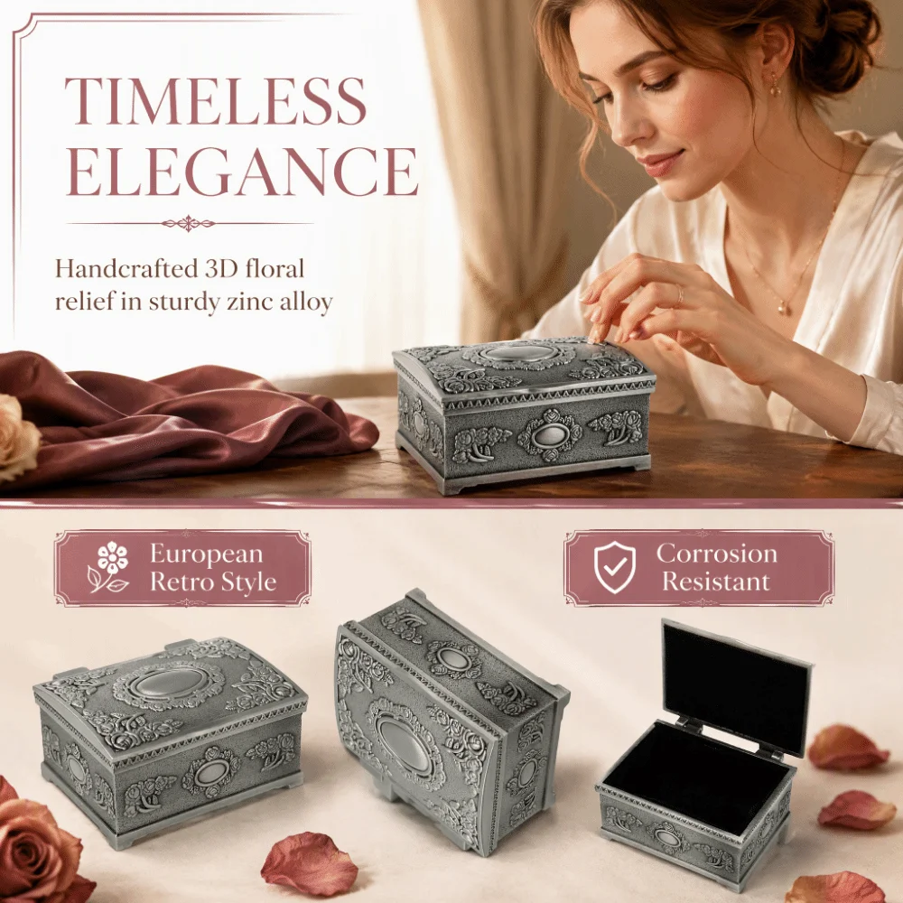 Zinc Alloy Jewelry Box Velvet Lined Interior Vintage Floral Trinket Box Rectangular Shape Hinged Lid Jewelry Organizer
