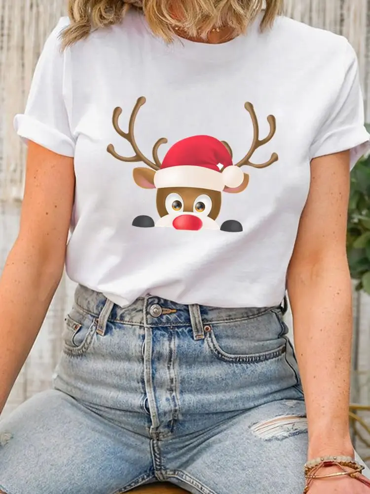 Lovely Ear Style Deer Tee Top Christmas Lady New Year Short Sleeve Print Fashion Women Shirt Clothing Clothes Graphic T-shirt