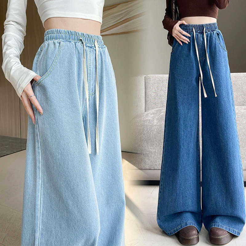 Elastic Waist Wide-leg Jeans for Women's 2025 New High-waist Loose Trousers  Baggy Woman Korean Mom Stylish Clothing Denim Pants