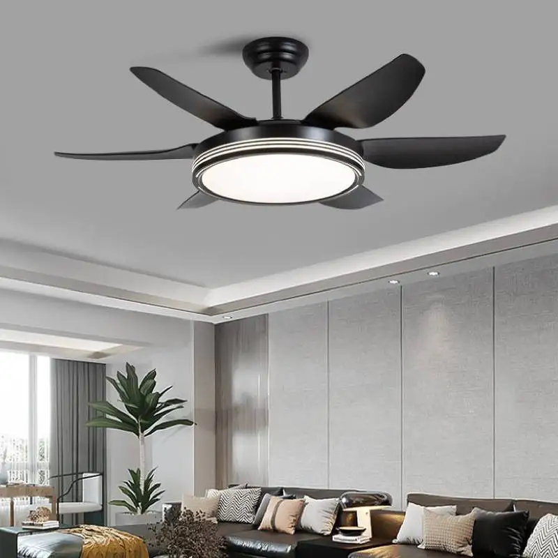 52 Inch Black Ceiling Fan with Large Lights Modern Black Sealing Fan Lamp LED Chandelier Remote Control Strong Wind Speed 6 Gear