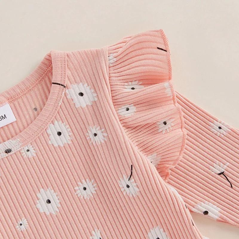 Kid Clothes Girls Pants Set Flower Print Long Sleeve Crew Neck T-shirt with Flare Pants Fall Autumn 2pcs Outfit