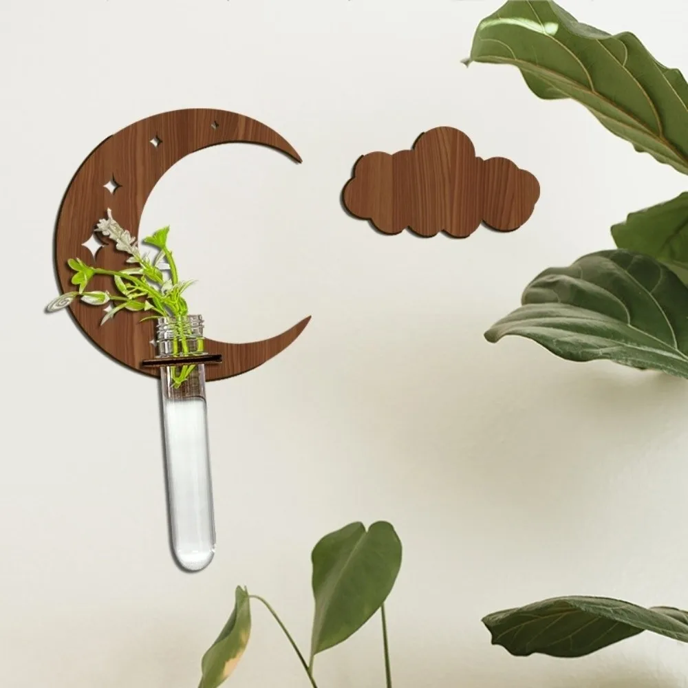 Wooden Lantern Planter Holder Moon and Clouds Home Ornaments Wall Mounted Planter Geometric Retro Hydroponic Planter Shelf