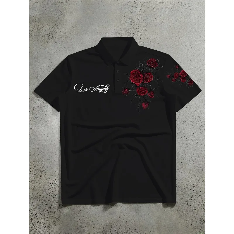 Men's Short Sleeved Polo Shirt with Red Rose Thorn Print Casual Trend, Suitable for Both Men and Women, Summer New Style T-shirt