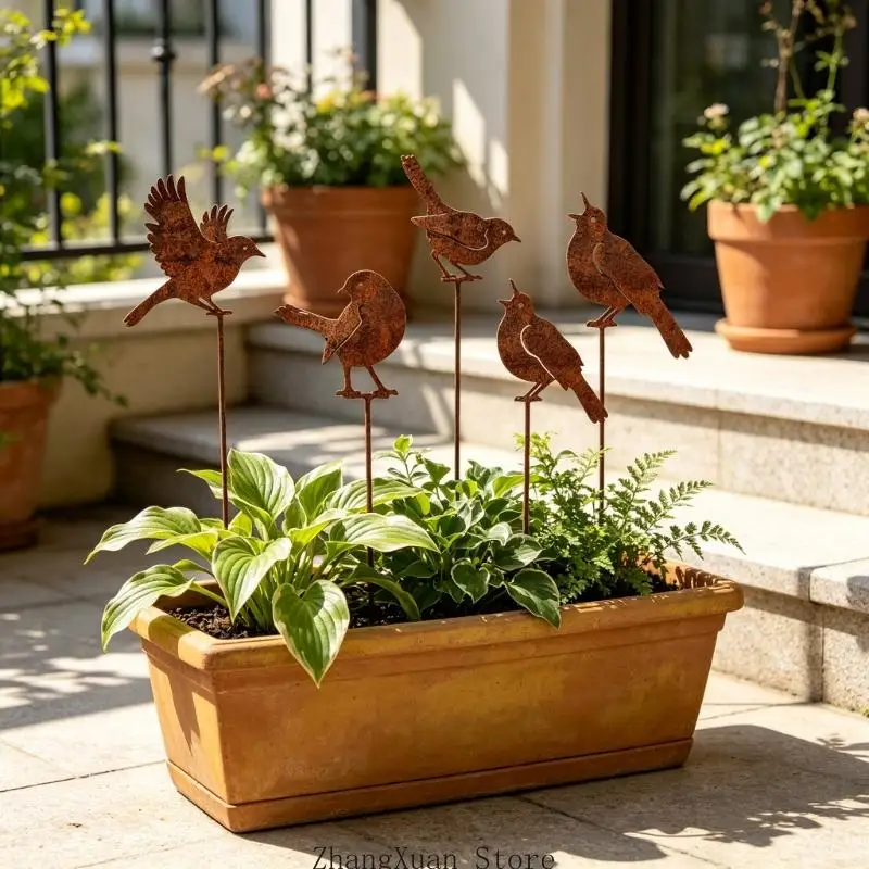 Vogel-Gartenstecker für Blumenkästen, 5er-Set, Topfstecker aus Metall mit abgenutzter Oberfläche und Vogelausschnitten für – Detail 2