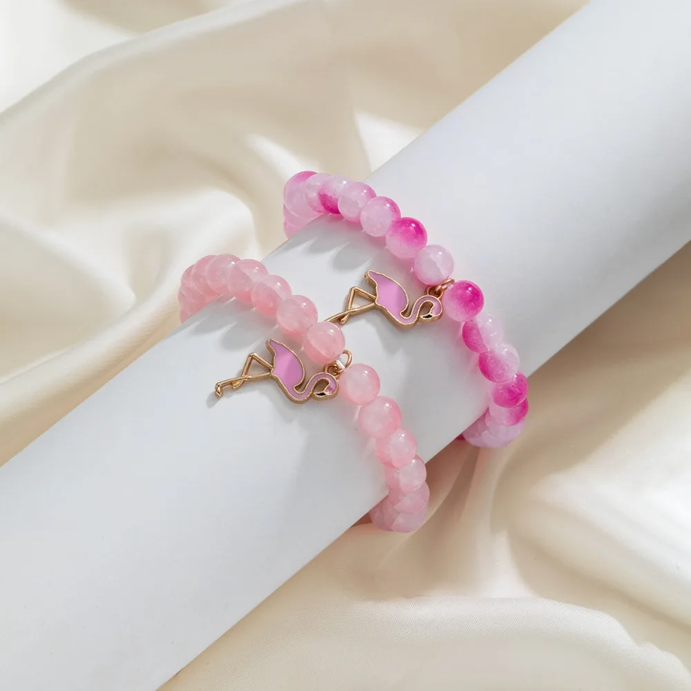 Pulseras Elásticas con Dijes de Flamenco y Cuentas de Vidrio Agrietado con Degradado Rosa Romántico para Mujer, Pareja, Joyería para Citas en la Playa