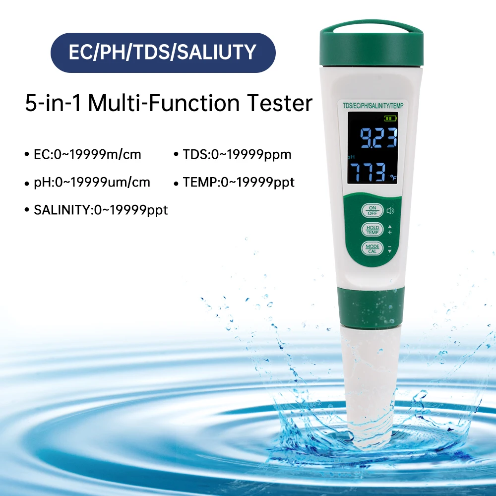 

5 in 1 PH TDS EC Salinity Temp Meter Water Quality Monitor Tester IP65 for Drinking Water, Aquariums PH Meter