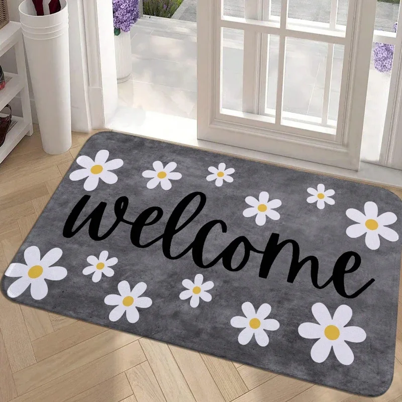 

Simple White Floral Printed Rug Non-slip Mat Indoor Kitchen Mats for Entrance for Living Room Kitchen Bedroom Farmhouse Carpet