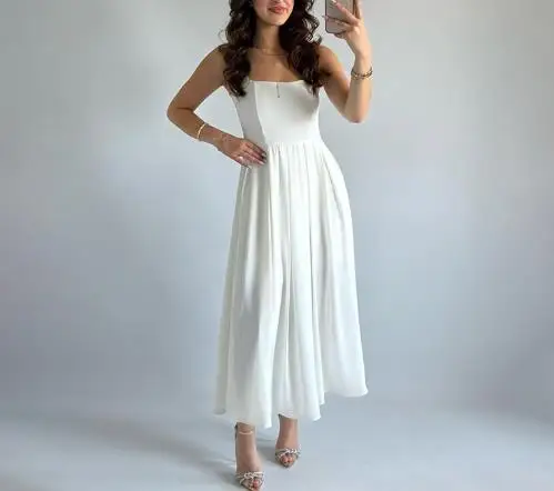 

Summer New Solid Color Sleeveless Square Neck Backless Vest Casual Dress for Women, Elegant Slim Fit A-Line Suspender Dress