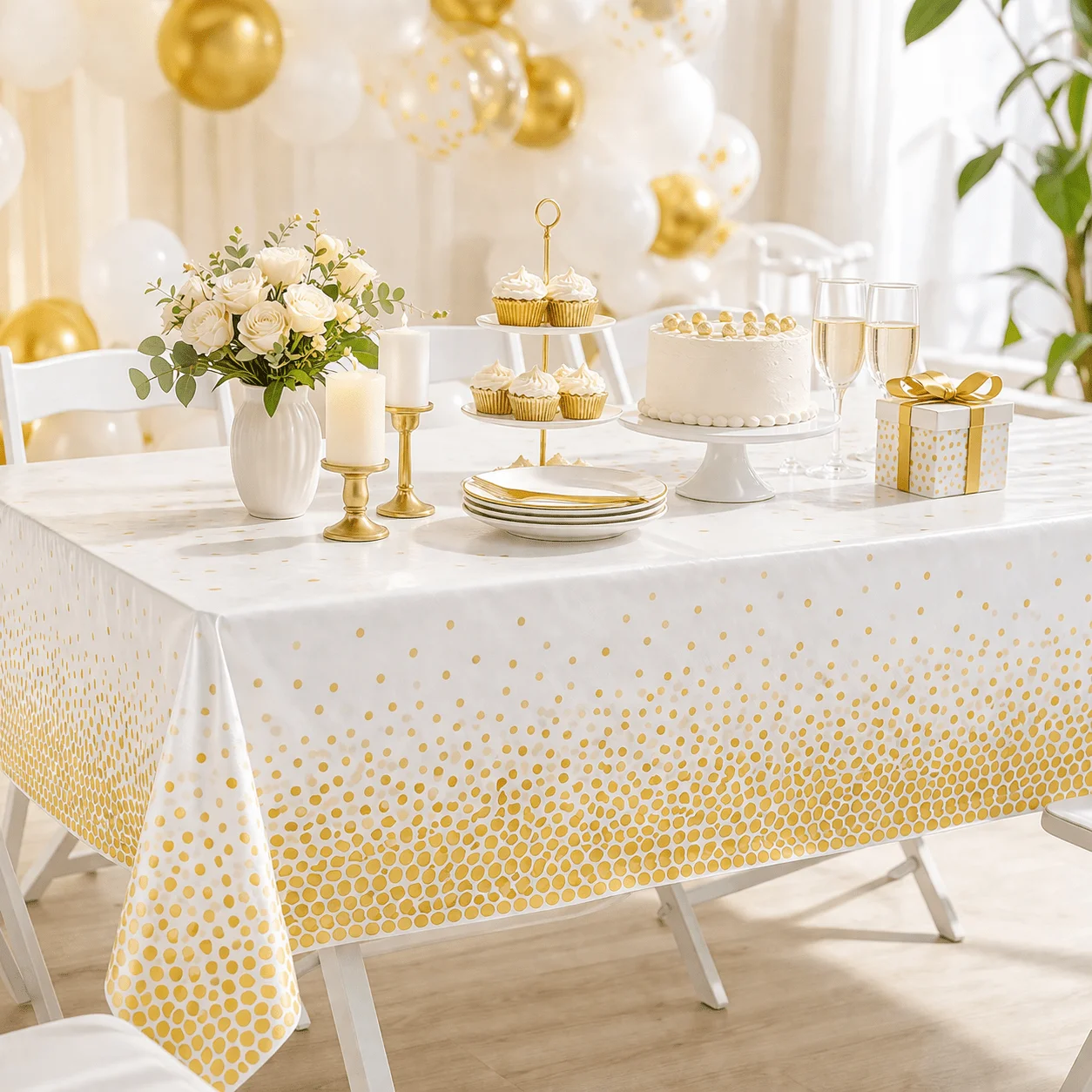 Gold Polka Dot Disposable Tablecloth 54 x 108 Inch, High Quality Disposable Table Cover, Indoor Outdoor Table Cloth for Birthday