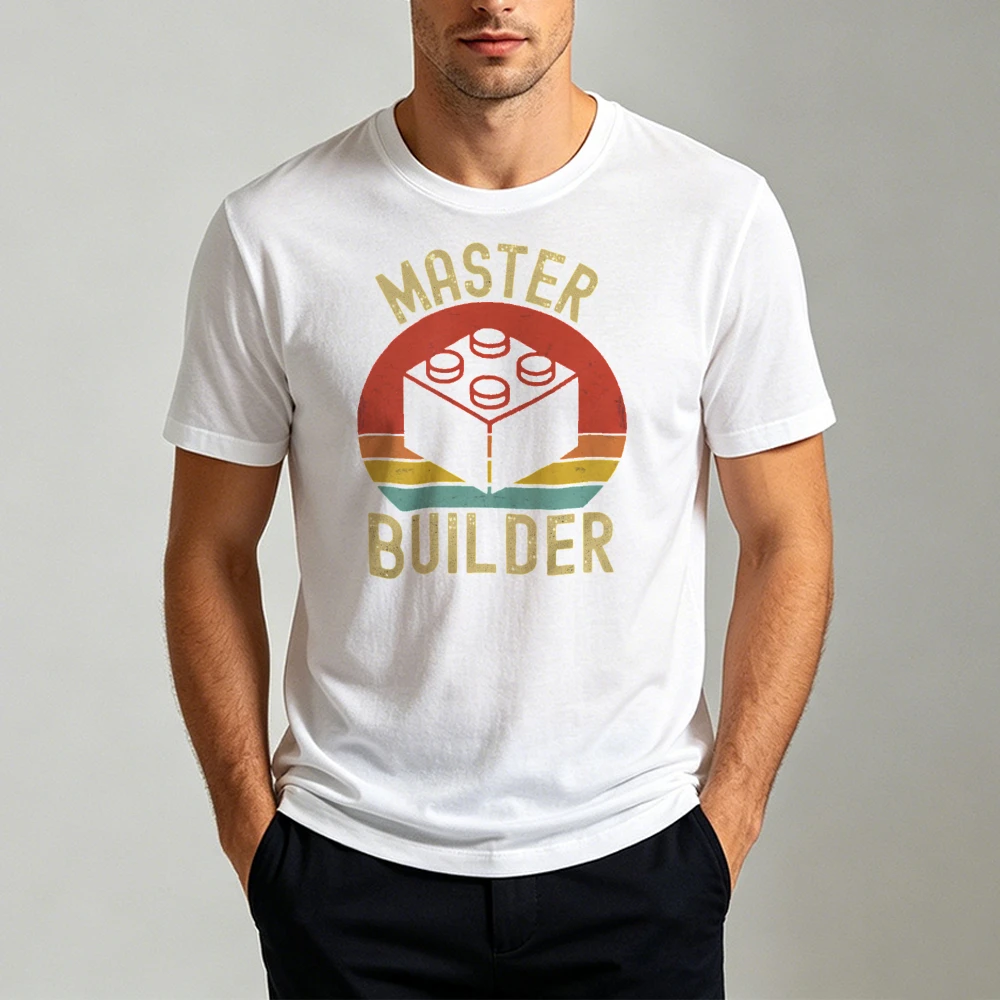 Funny Master Builder Vintage Sunset Block Graphic Print Unisex Tee Crew Neck Casual Daily Outfit for Building Game Lovers Tops
