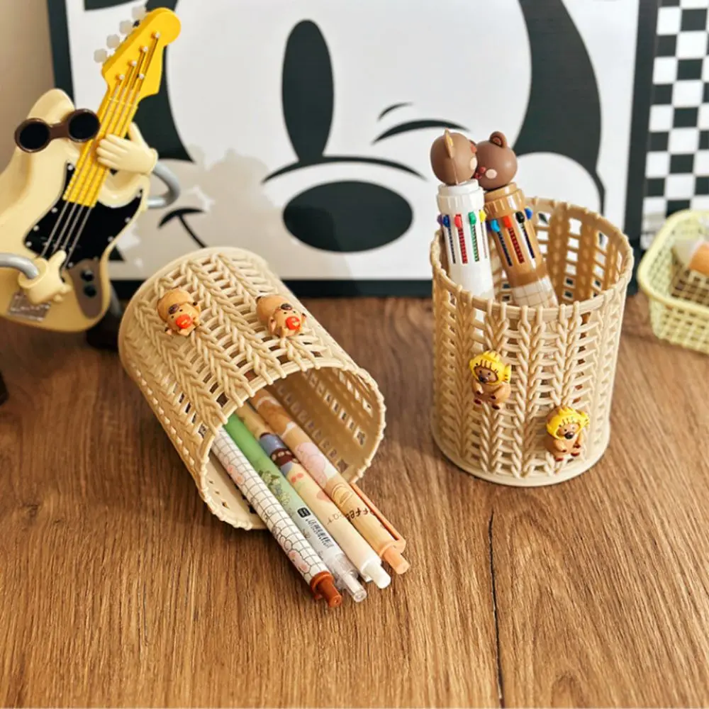 Portable Multifunctional Desktop Storage Box Hollow Cylindrical Pen Holder Cartoon Plastic Pencil Box Stationery