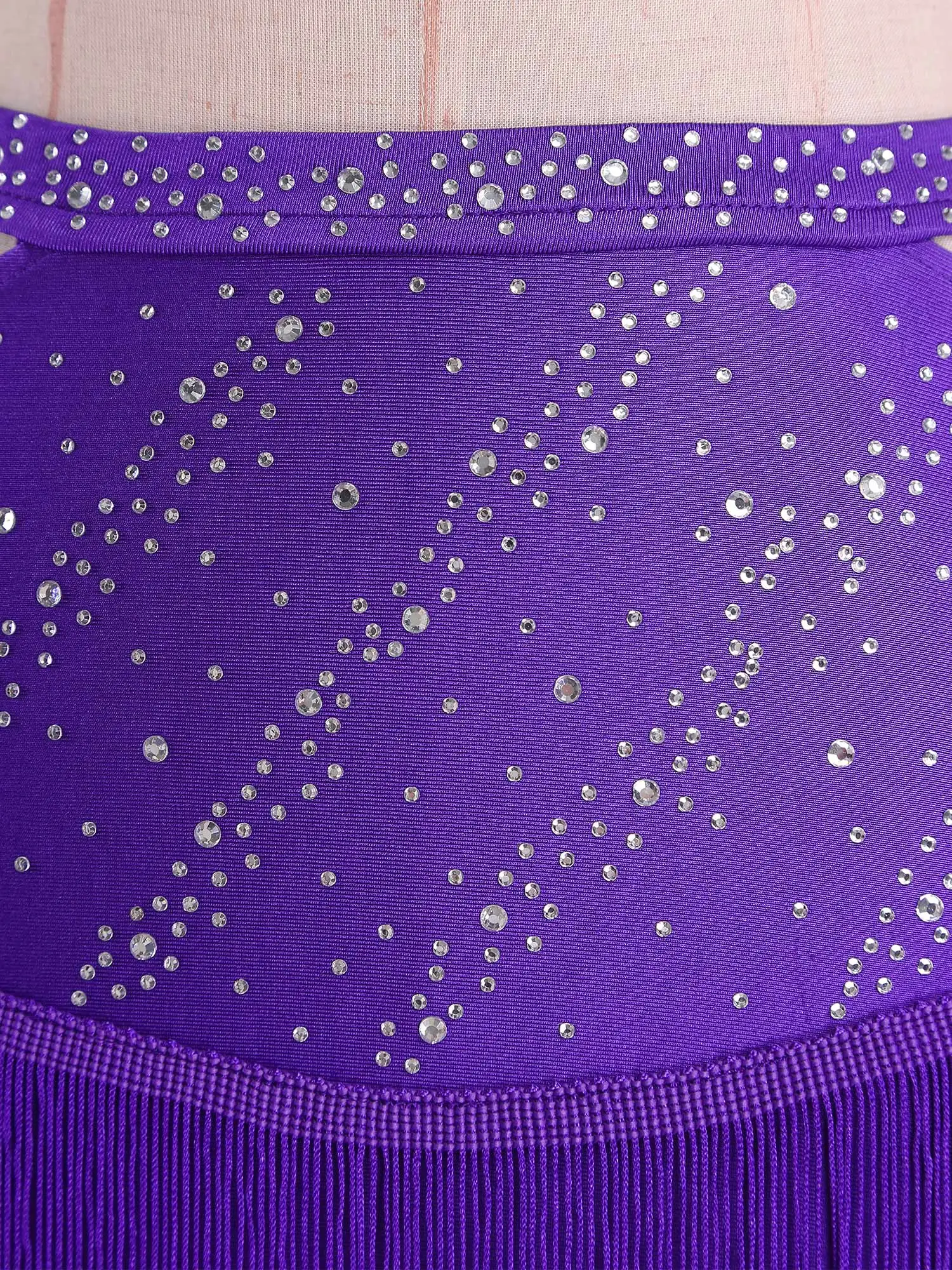 Womens Salsa Cha-Cha Latin Dans Rok Ballerina Prestaties Kostuum Uitsparing Elastische Tailleband Glanzende Steentjes Kwasten Rok