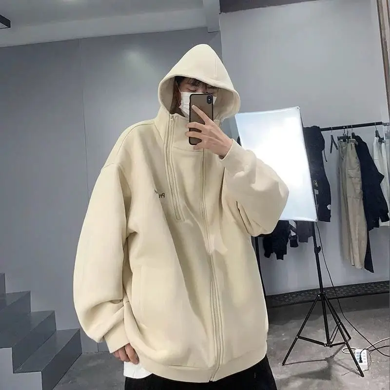 Oversize heavy cardigan sweatshirt men spring and autumn high end trendy brand handsome street American retro hooded jacket Y2K