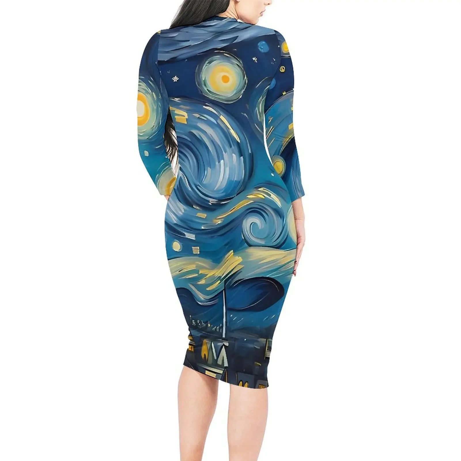 Vincent Van Gogh Starry Night Bodycon Dress Womens  Modern Dresses Autumn Long Sleeve Aesthetic Pattern Dress Big Size