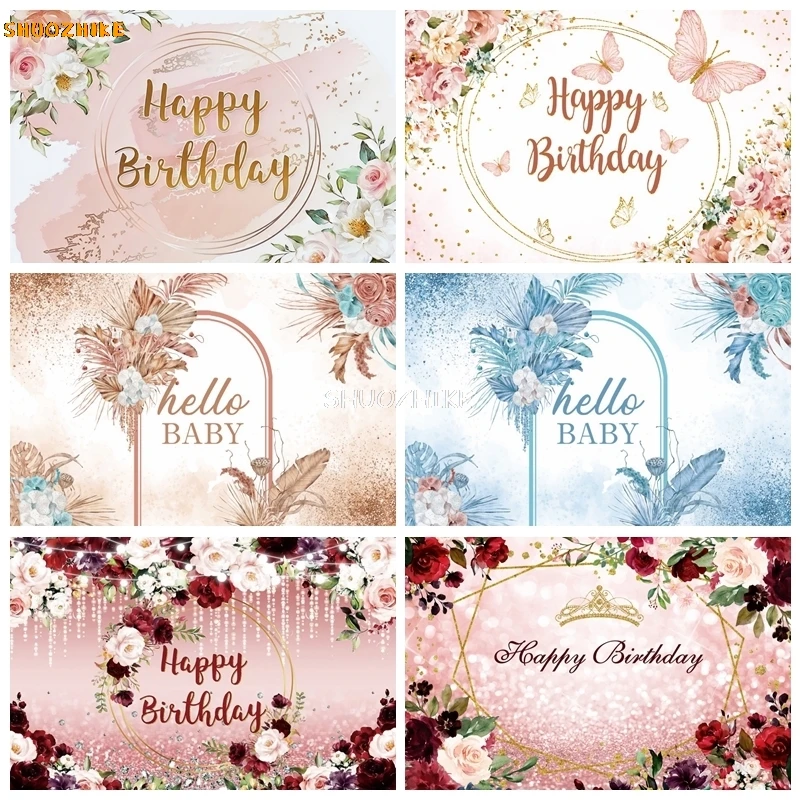 

Happy Birthday Backdrop for Photography Flower Newborn Baby Shower Adult Birthday Party Decor Background Photo Studio Props