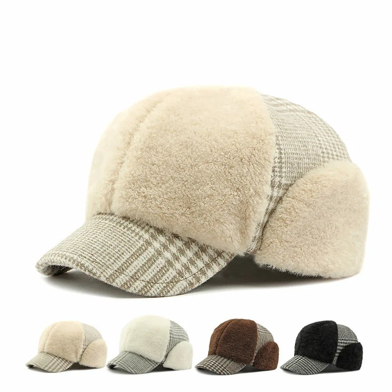 Winter Plush Baseball Cap for Men Women Houndstooth Earflap Peaked Hat Thick Warm Korean Painter Cap for Cold Weather
