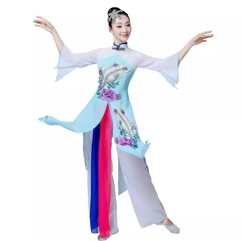 Disfraz de rendimiento de baile clásico de estilo chino Hanfu para mujer, traje de baile de abanico Yangko, traje de actuación de danza folclórica